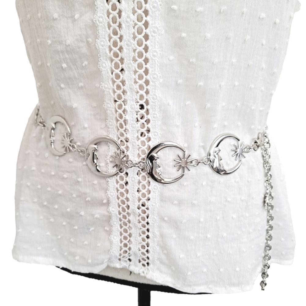Boho Gold metallic Moon Star Y2K hip waist festival chain dress belt - Picture 7 of 8